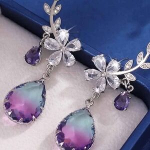 Elegant Silver and Purple Crystal Drop Earrings